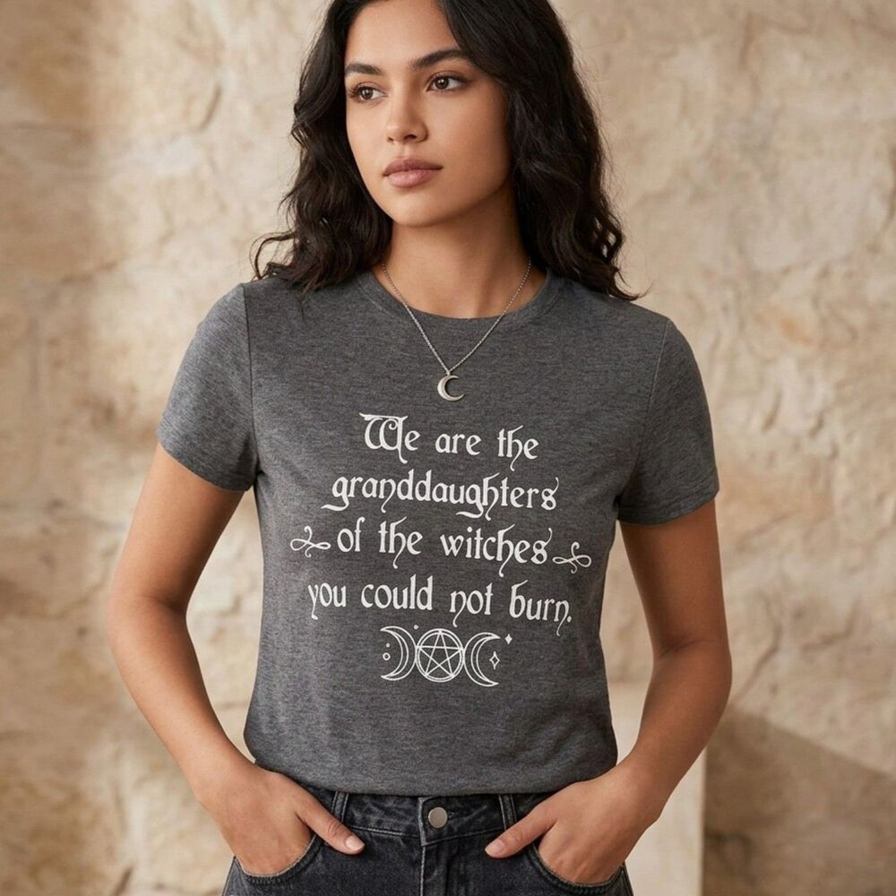 Charcoal Heather Witches Casual Graphic T-Shirt Womens Size S Gray Tee